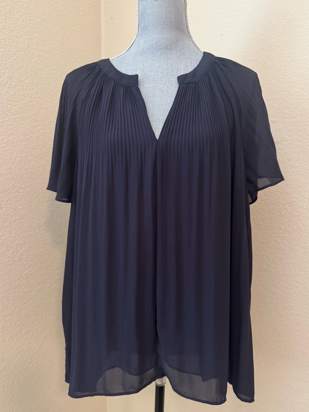 Tahari Navy Pleated V-Neck Flutter Sleeve Blouse